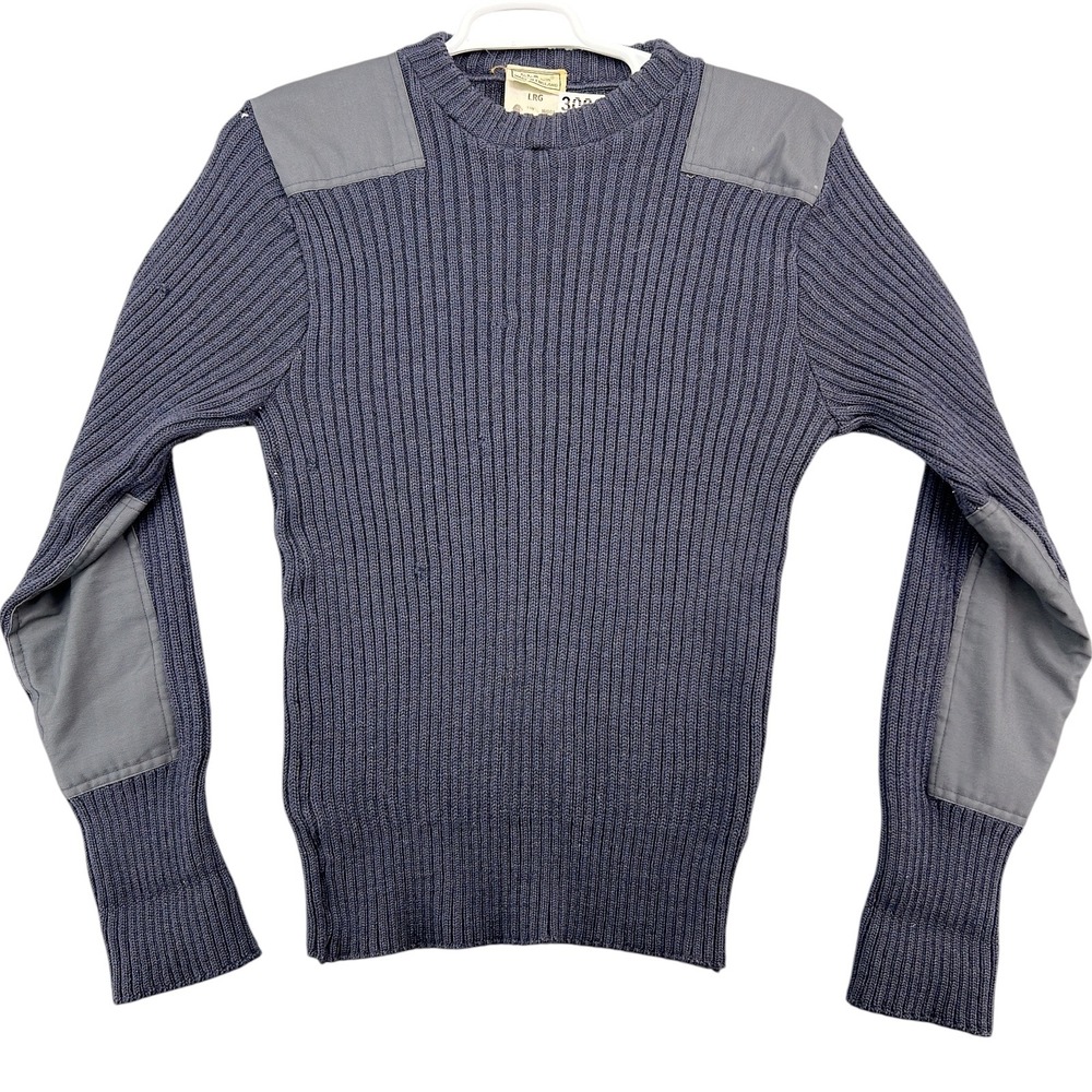 LL Bean Commando Sweater Mens LRG Blue 100% Wool Made in England Elbow Patches